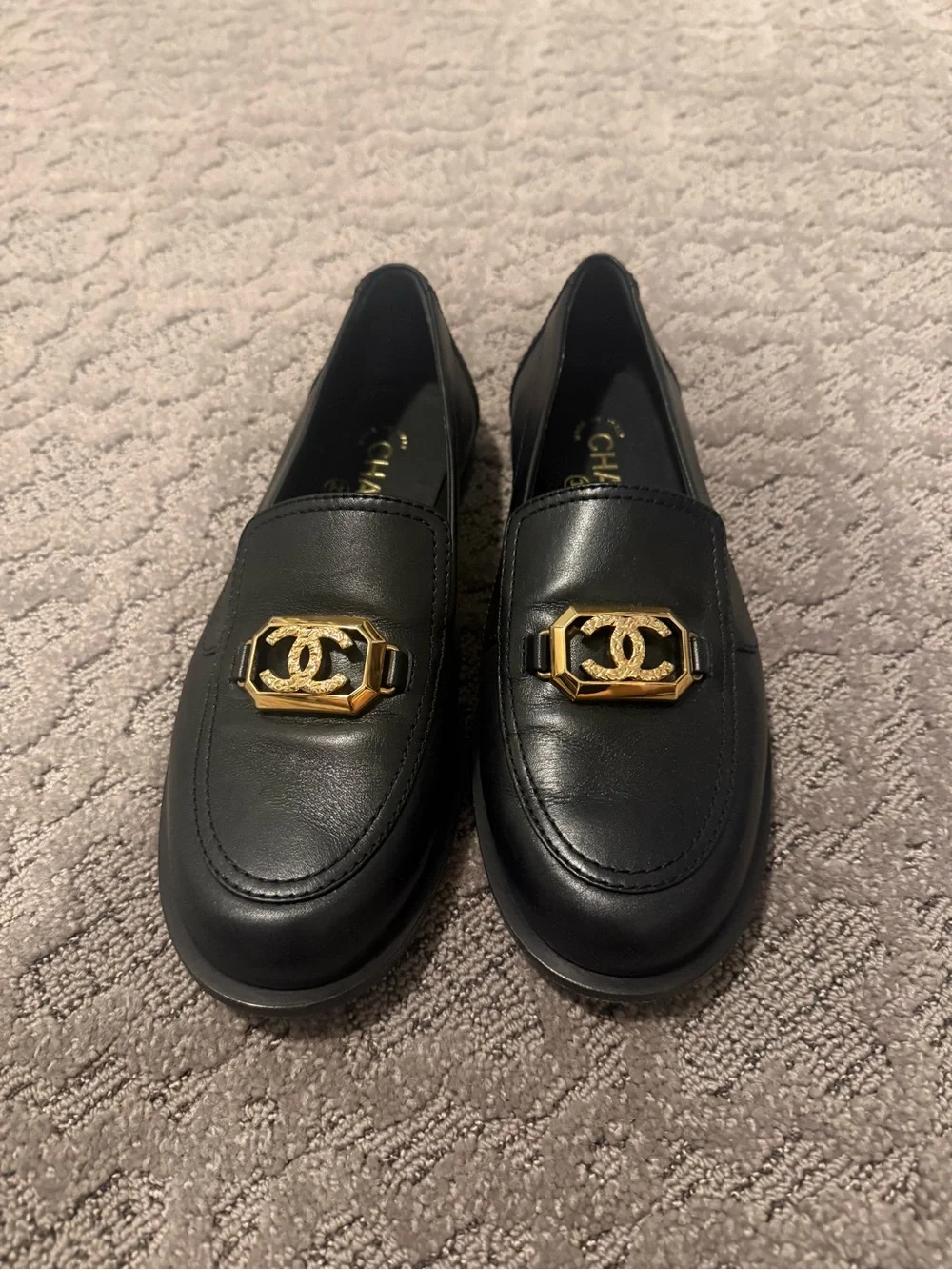 CHANEL Black Leather Loafers with Gold CC Medallions